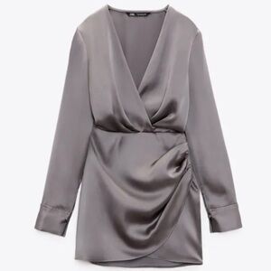 Zara Satin Effect Dress Crossover Wrap Top New Charcoal Mini Dress Size Medium